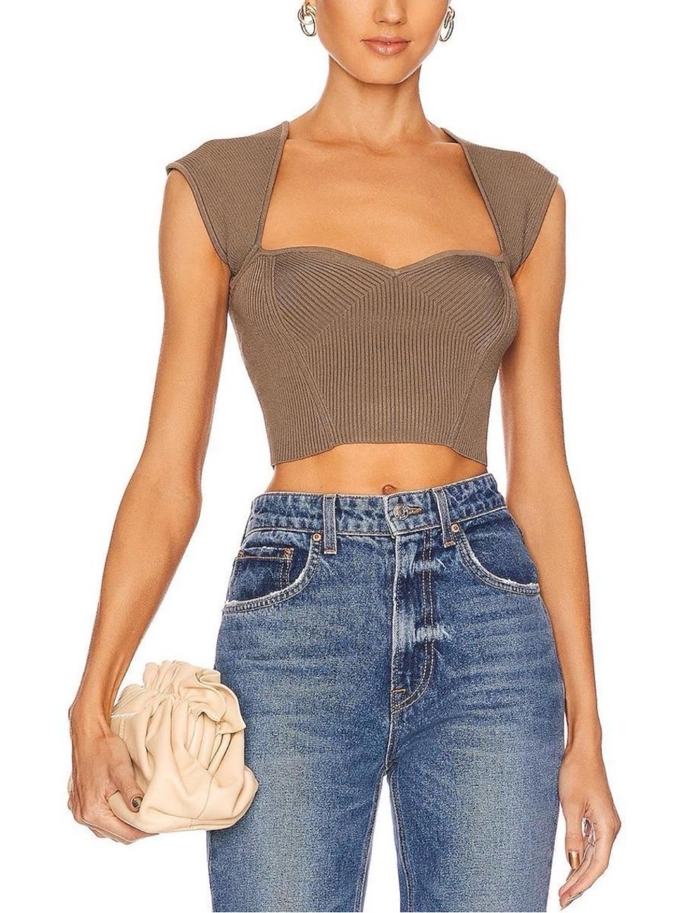Jonathan Simkhai Olive Green Ribbed Crop Top Sweetheart Neck Shirt size M